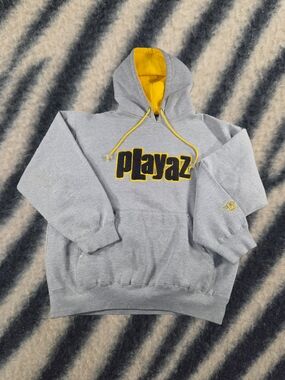 Vintage Pure Playaz The Original Gray and Yellow Pullover Hoodie L 90s Y2K Era